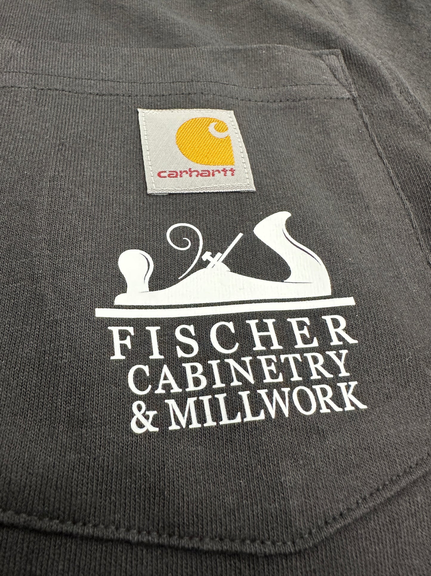 Individual Vinyl Pressings onto front/back of (client provided) Carhart shirts for Fischer Cabinetry & Millwork